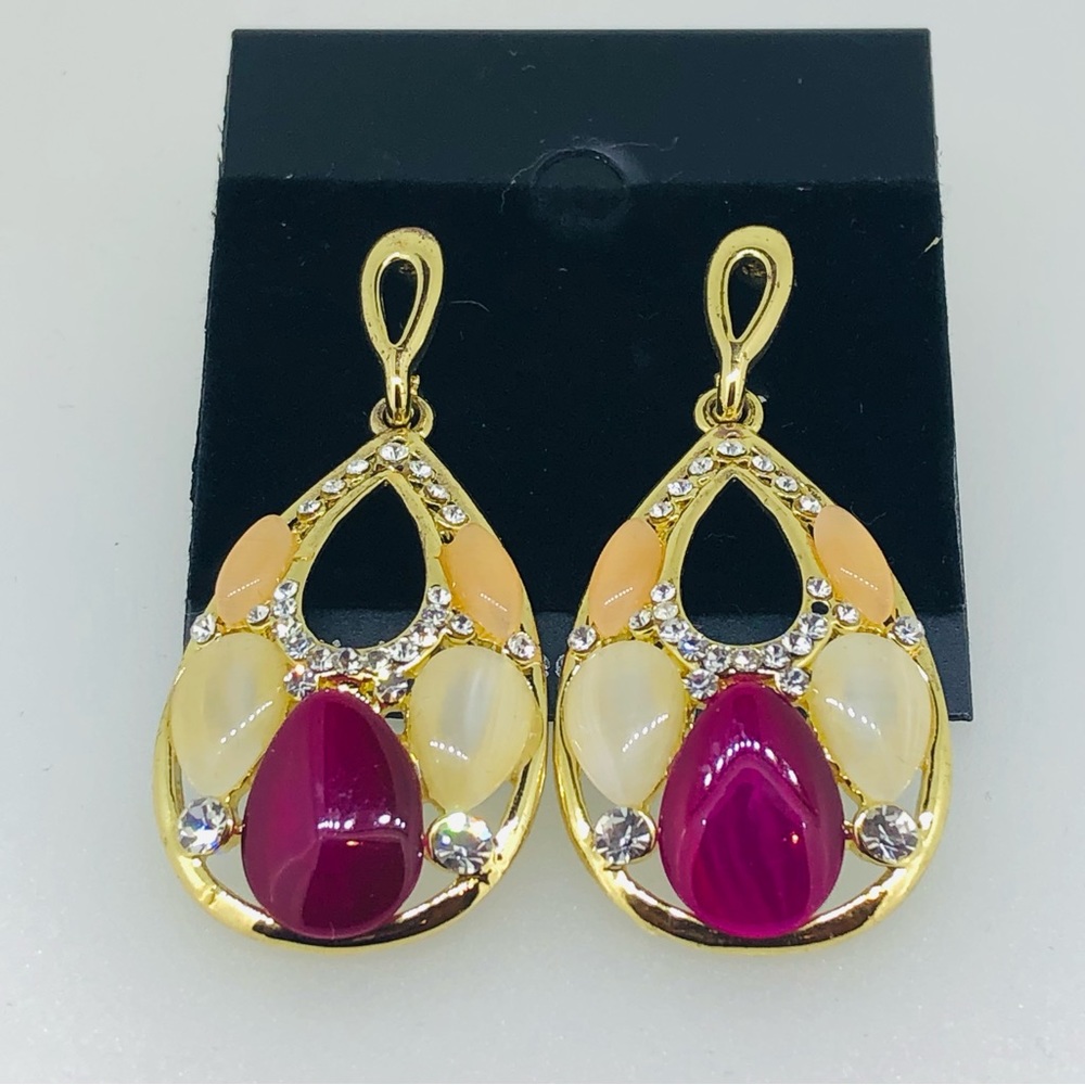 Gold Multi Color Tear Drop Earrings, Ivory/Peach/Red